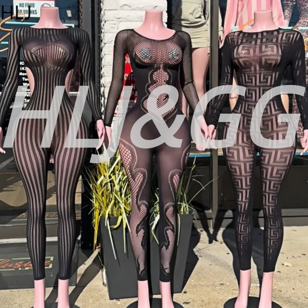 

HLJ черные сексуальные вязаные облегающие цельные комбинезоны женские с круглым вырезом и длинными рукавами тонкие комбинезоны модные комбинезоны 2025