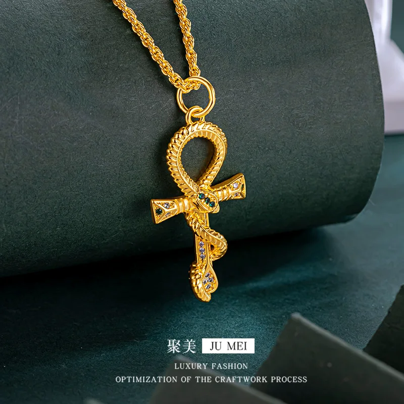 

Ancient Egyptian snake pendant 24K real gold diamond snake personality trend 9999 cross style versatile high-end pendant