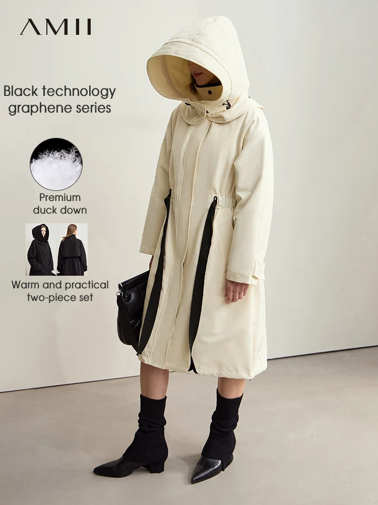 AMII-Ensemble deux pièces minimaliste pour femme, manteau en duvet épissé, capuchon à poignées amovibles, ceinture à cordes de proximité, pardessus long décontracté, hiver 2024, 12444037