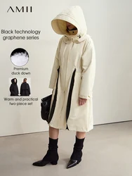 AMII Minimalism Women's Two-piece Set Spliced Down Coat Detachable Cap Drawstring Belt 2024 Winter Long Casual Overcoat 12444037