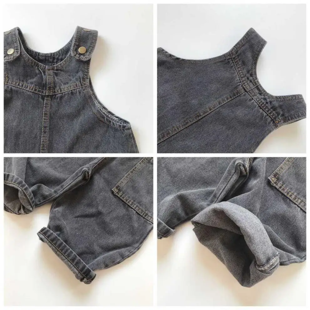 Spring Boys Girls Denim Strap Pants For Children Autumn  Baby Kids Jumpsuit Loose And Versatile With Handsome Pocket Splicing