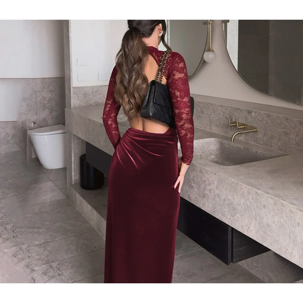 Twotwinstyle sólido emendado rendas vestidos sexy para mulheres o pescoço manga longa divisão sem costas chique vestido feminino novo