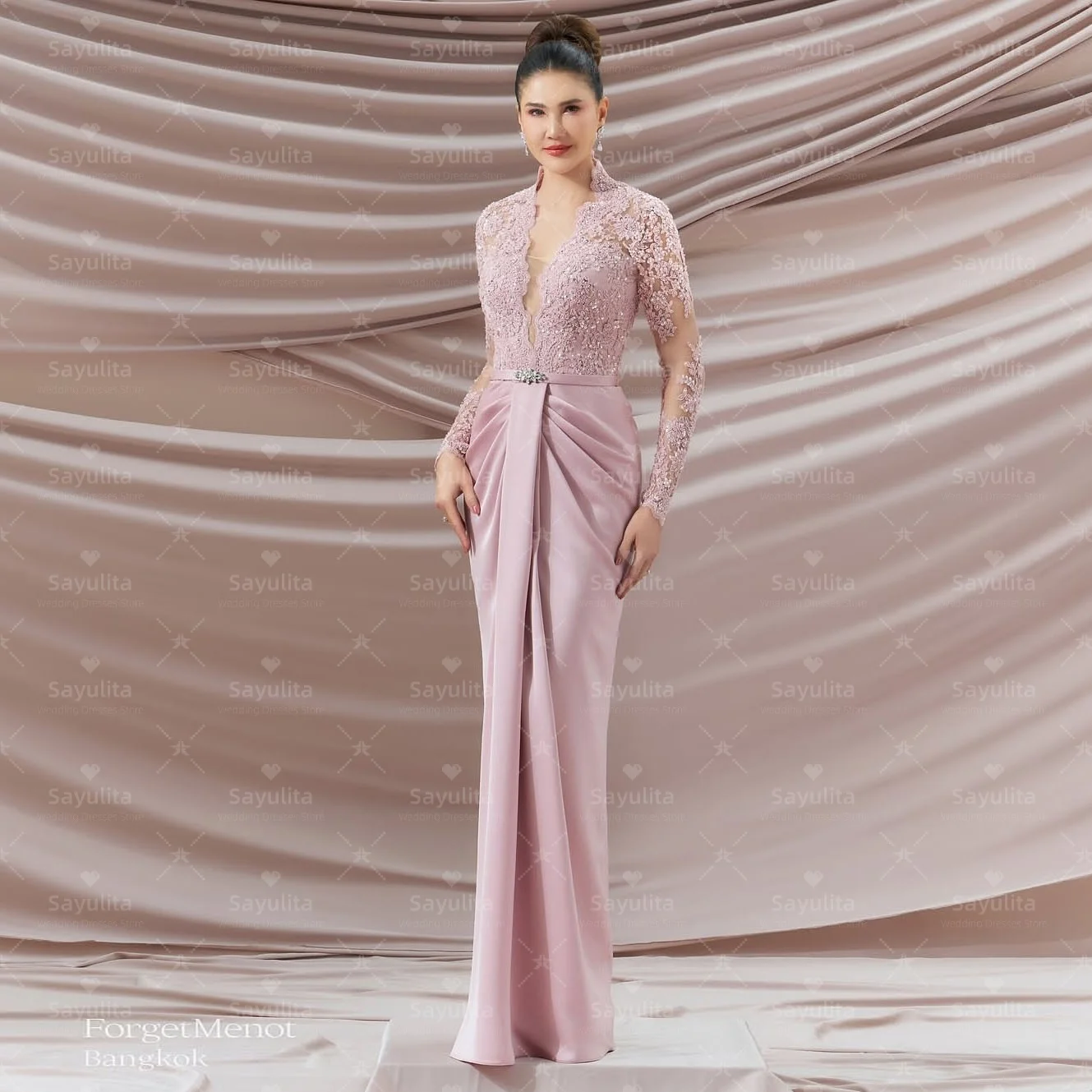 

Sayulita платья для выпускного вечера с v-образным вырезом и кружевной аппликацией с длинными рукавами, вечерние платья с рюшами длиной до пола, свадебное платье по индивидуальному заказу