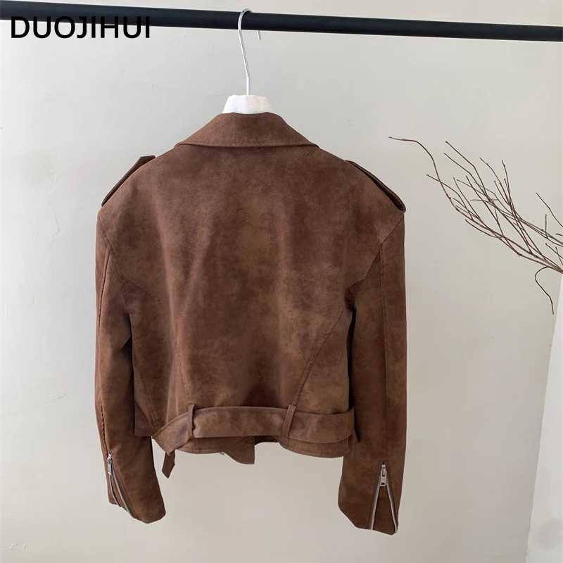 Imagem -02 - Duojihui-jaquetas de pu Vintage Feminino com Zíper Marrom Solto Simples Monocromático Cinto Chique Casual Moda Americana Inverno