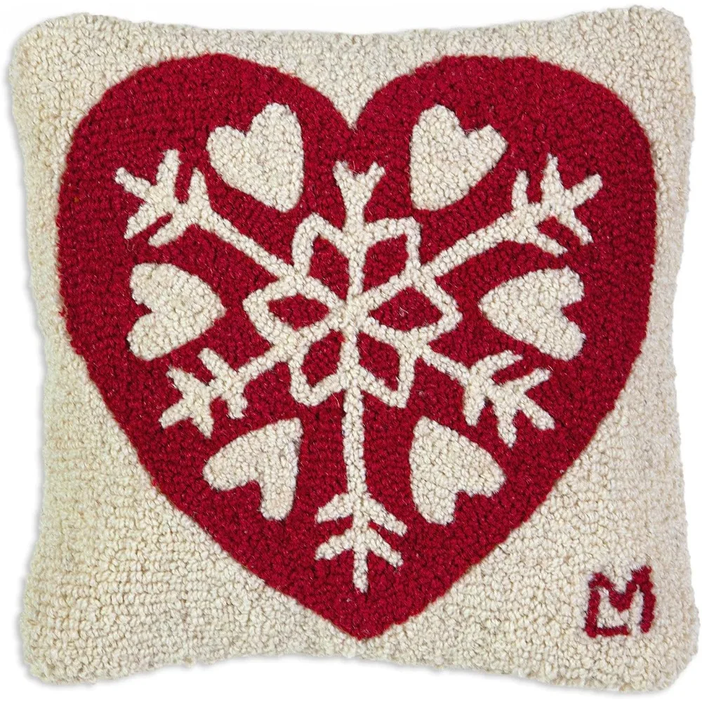 Snowflake Heart Hand-Hooked Wool Decorative Throw Pillow (14 in x 14 in) Christmas Pillow for Couches & Beds - Low Maintenance