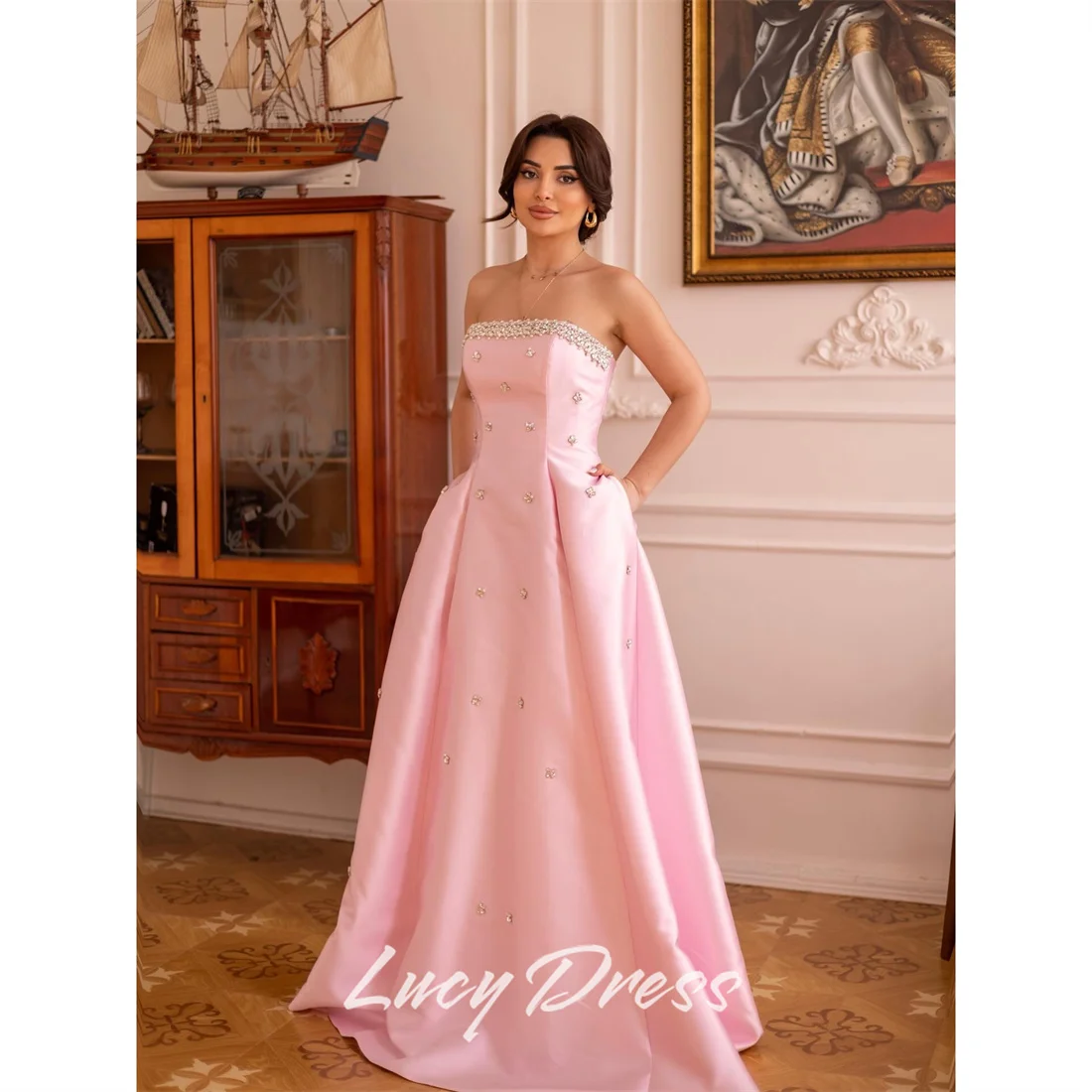 

Lucy Satin Strapless Pink Ball Gown Evening Dress 2026 Prom Dress Beading Elegant Women Ladies Gowns New Formal Customized