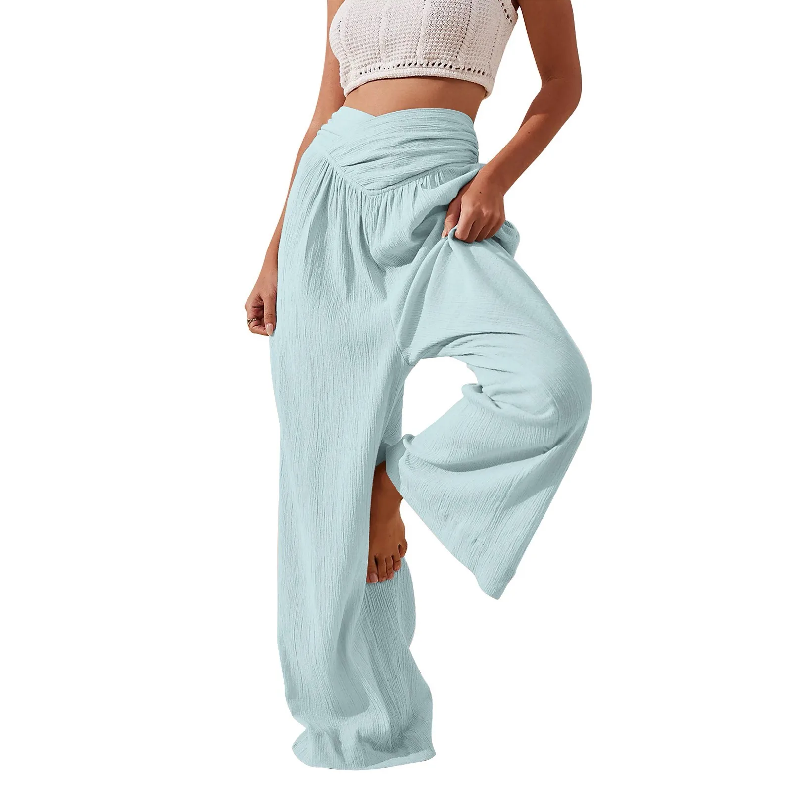 Women'S Wide Leg Pants Cross High Waisted Solid Color Trousers Daily Fitness Yoga Pilates Trousers Lightweight Long Casual Pants