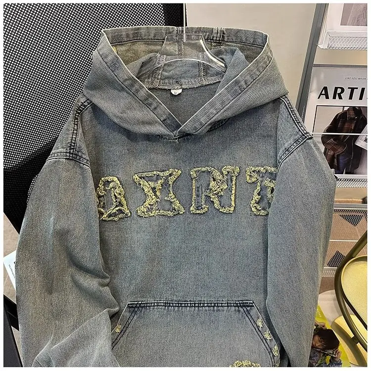 American large size designed ripped denim jacket autumn embroidered loose casual hooded sweatshirt women clpothing y2k tops