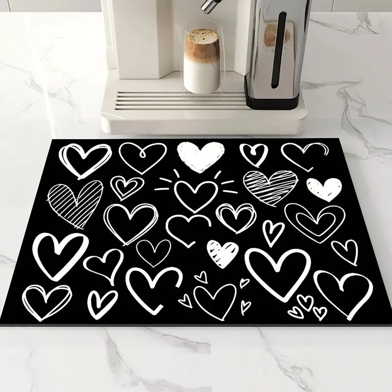 VIKAMA Black White Heart Kitchen Drain Mat Hand Drawn Graffiti Heart Absorbent Non Slip Coffee Machine Mat Kitchen Home Decor