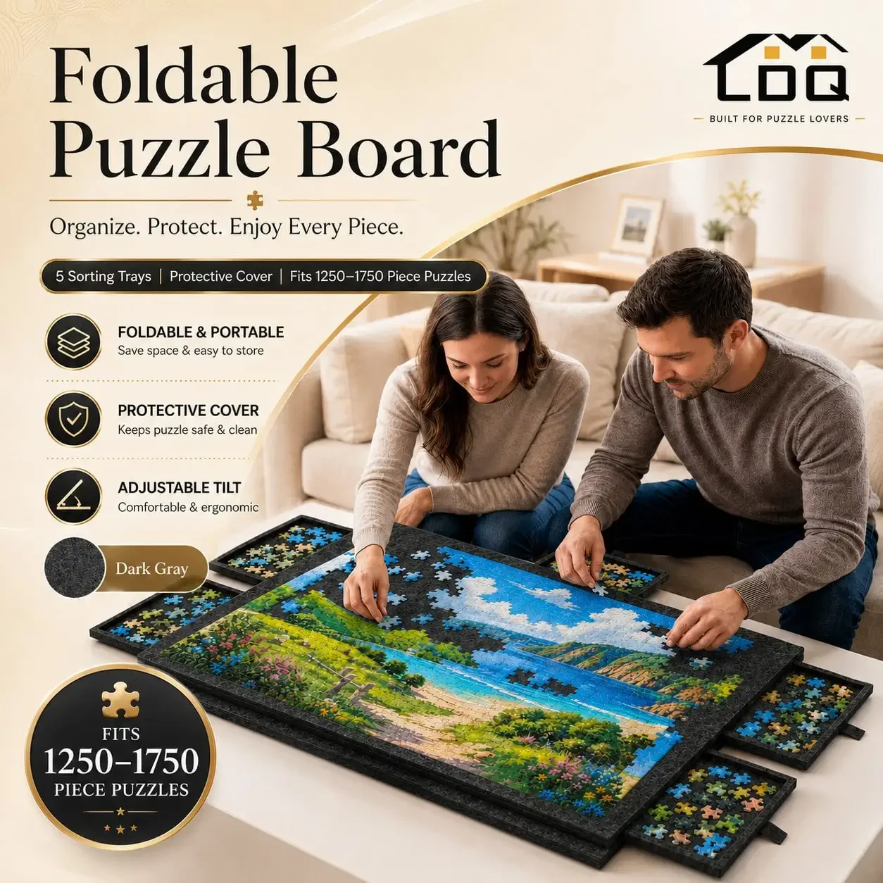 2026 New Foldable Puzzle Board With 5 Sorting Trays & Protective Cover, Adjustable Tilt Jigsaw Puzzle Table For 1250-1750 Pieces, Dark Gray Non-Slip Felt Puzzle Mat Organizer, Portable Puzzle Gift For Adults & Families