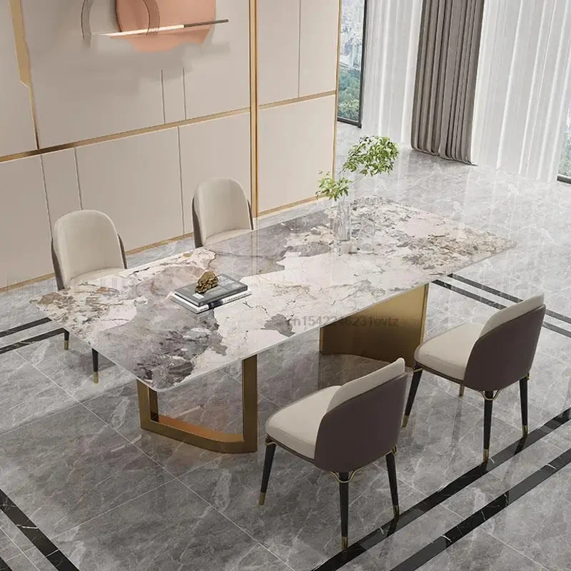 

Italian Rock Table Stainless Steel Frame 6 Chairs Golden Garden Dining Table Rectangle Luxury Mesa De Centro Patio Furniture