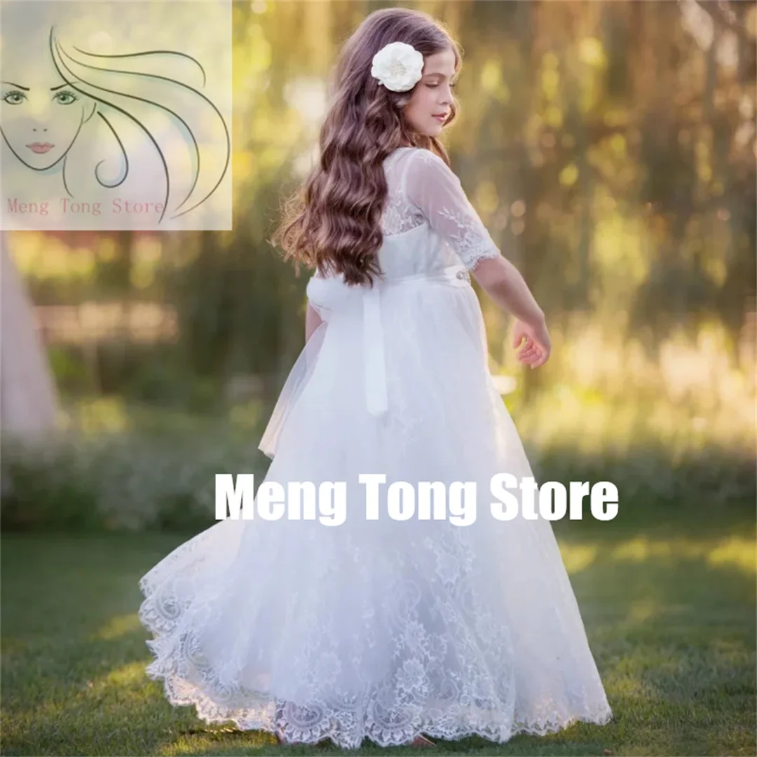 Customization Flower Girl Dresses White Tulle Rose Appliques With Diamond Belt Half Sleeve For Wedding Birthday Party Holy Commu