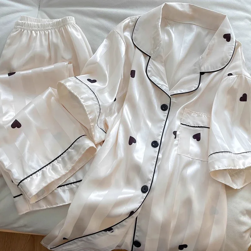 Pyjama imprimé en forme de cœur pour femme, vêtements d'intérieur rayés, vêtements de nuit Y2K, français, doux, élégant, noir, coréen, ins, Harajuku, été, nouveau, 2024