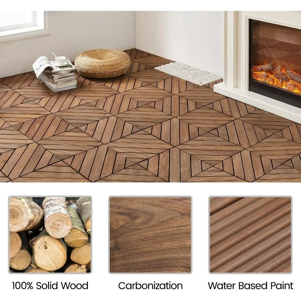 27 Pcs Fir Wood Flooring Tiles,  Easy Flooring Indoor & Outdoor for Patio Garden Deck, 12 x 12in Interlocking Wood Decking Tiles