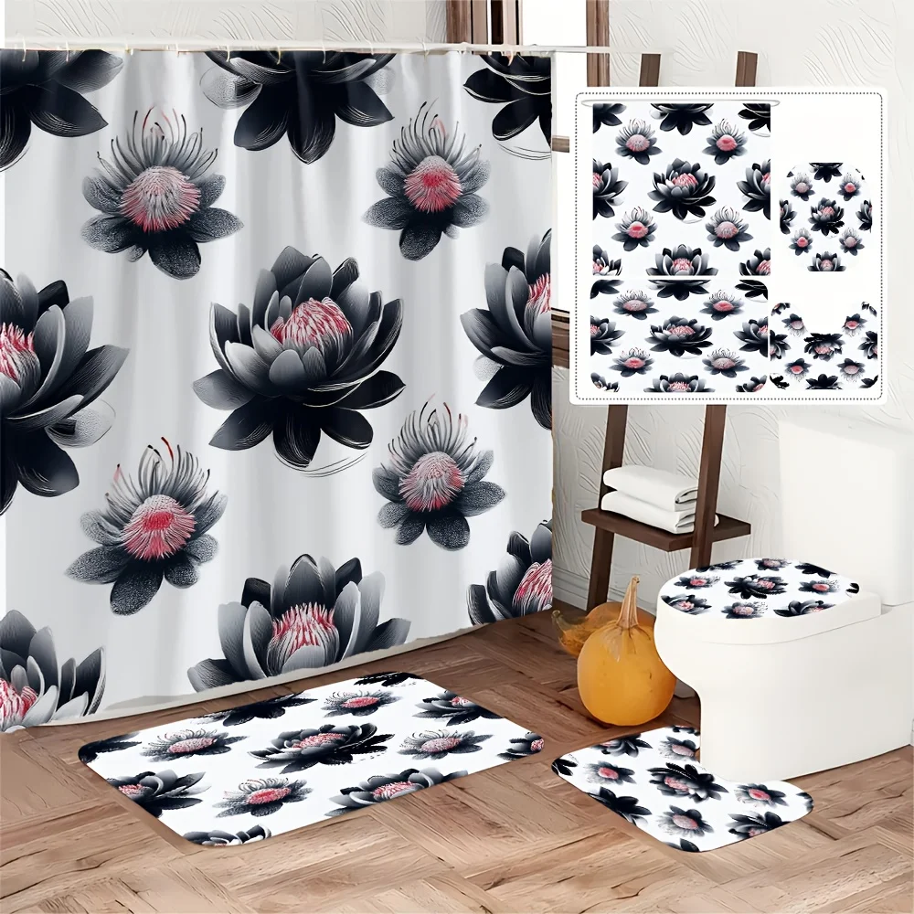 

4pc Black and white floral pattern bathroom set, including U-shaped floor mat and toilet seat cover, non-slip mat shower curtain