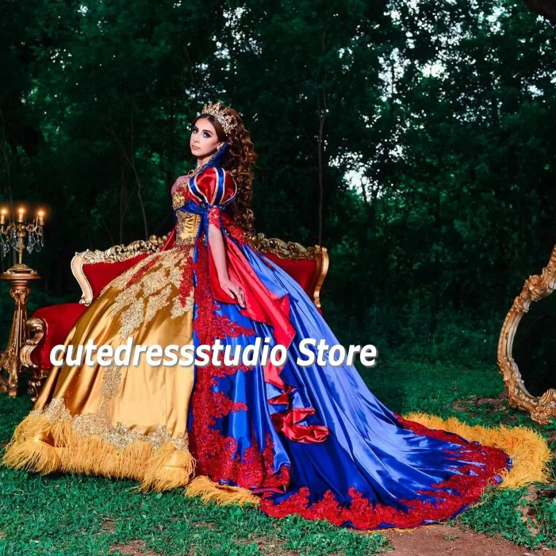 Vintage Vestido De 15 Años Princess Quinceanera Dresses Gold And Blue Applique Mexican Girls Sweet 15 Birthday Party Dress