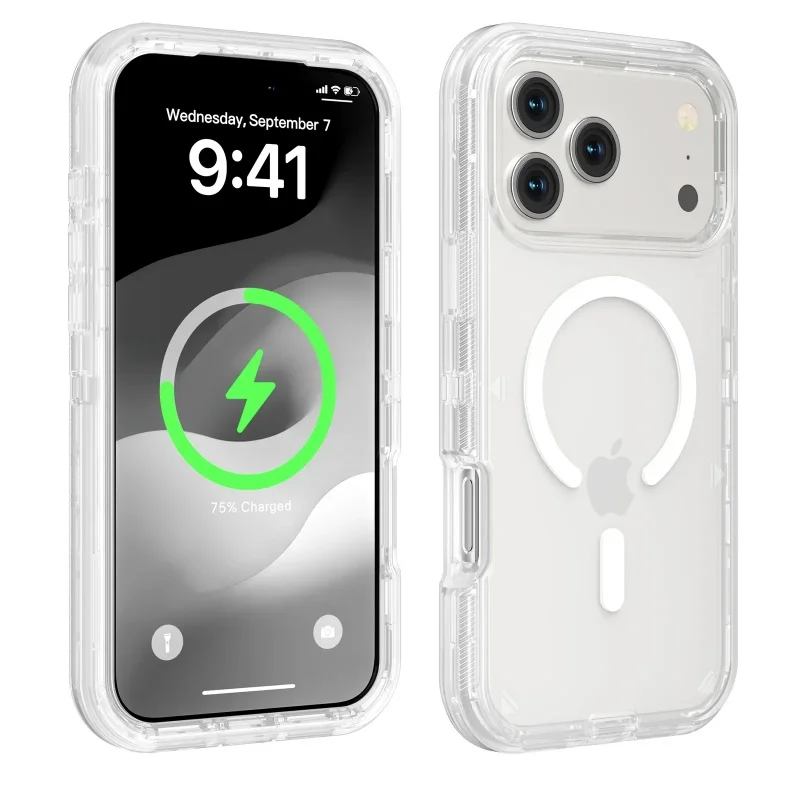 Funda transparente de carga inalámbrica magnética de armadura robusta para IPhone 17 Air 16E 16 15 14 Plus 13 12 11 17 Pro Max cubierta a prueba de golpes