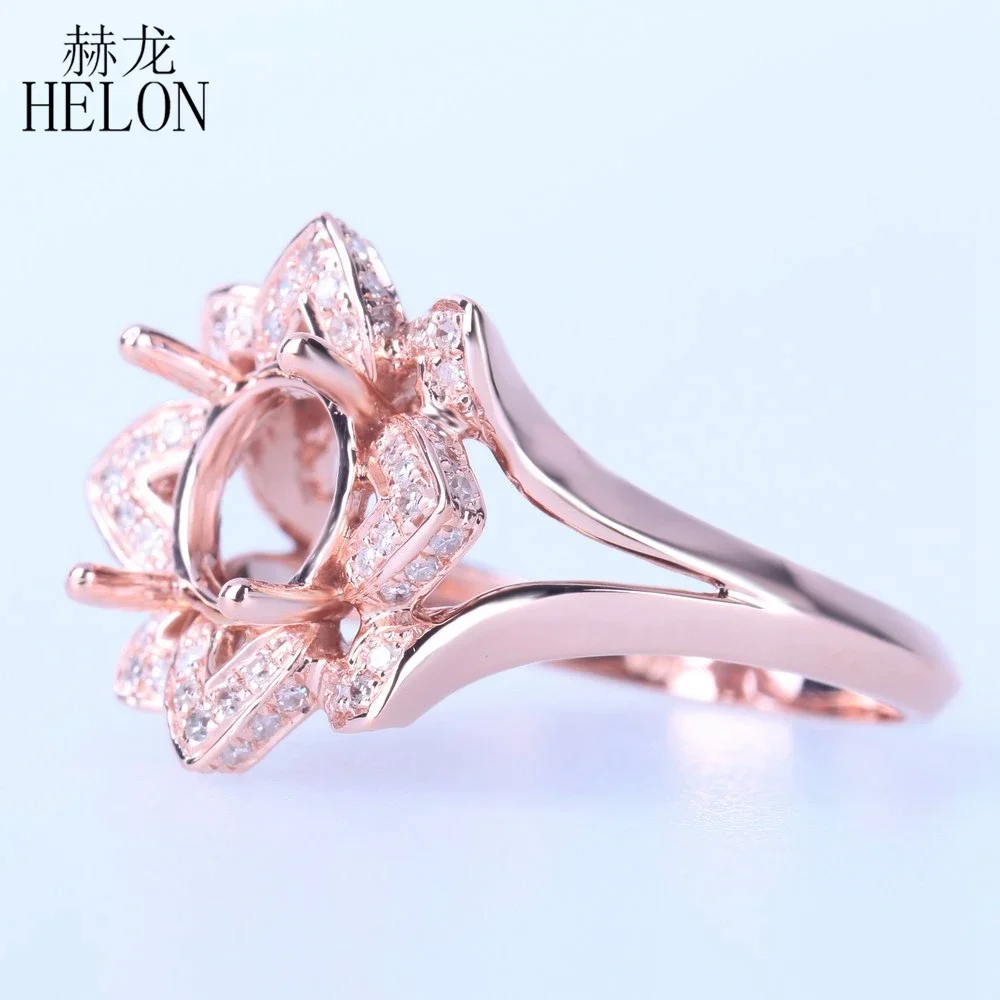 HELON Round 8mm Solid 10k Rose Gold Natural Diamonds Semi Mount Engagement Ring For Women Wedding Unique Flower Fine Jewelry