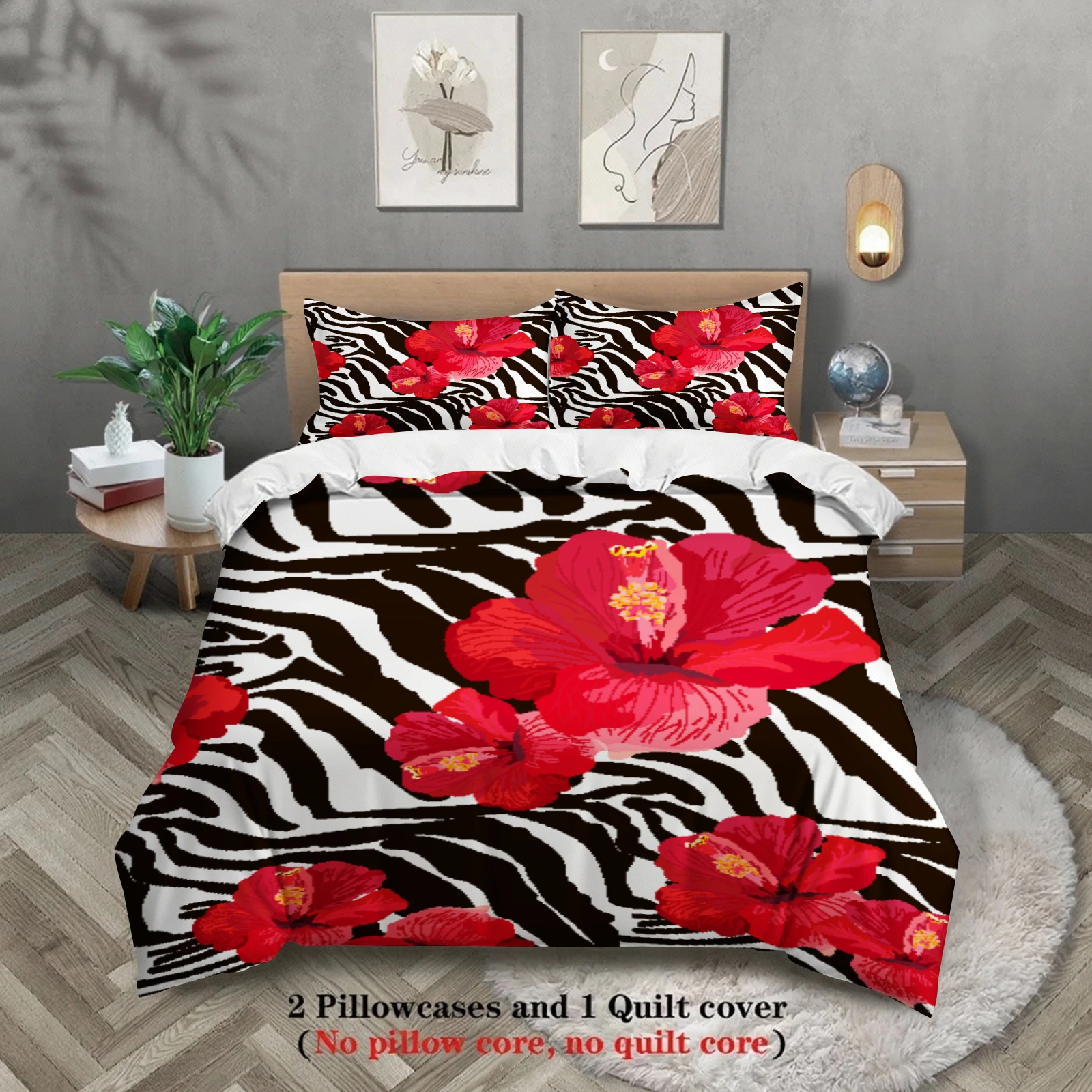 3pcs Vivid Floral Duvet Cover Zebra Stripe 3D Printed Single Twin Queen Size 100% Polyester Quilt Cover Sets