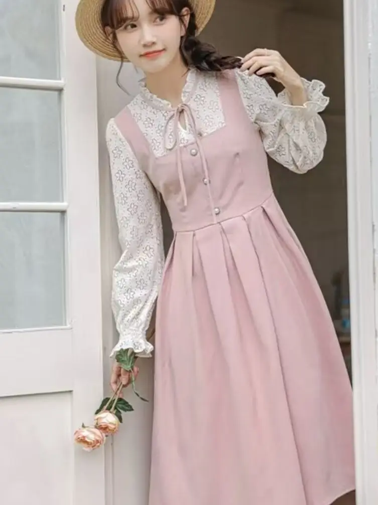 

2023 New Lace Splicing Sweet Temperament Women Dress Autumn Two Pieces Long Sleeve A-line Elegant Casual Midi Dress