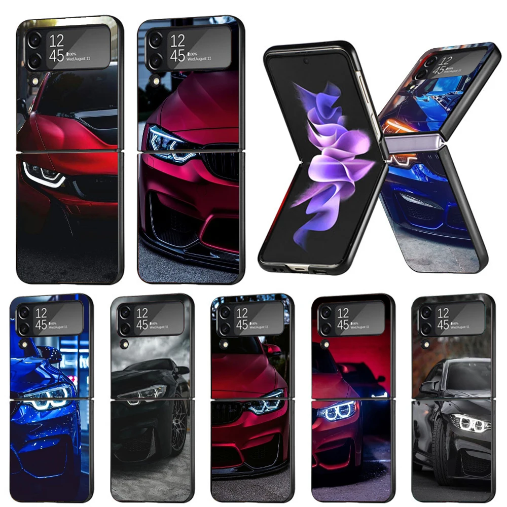 Blue Red Car For B-BMW Hard Black Cover for Samsung Galaxy Z Flip 4 3 5 5G Phone Case Flip4 Flip3 Flip5 Pattern Luxury Shockproo