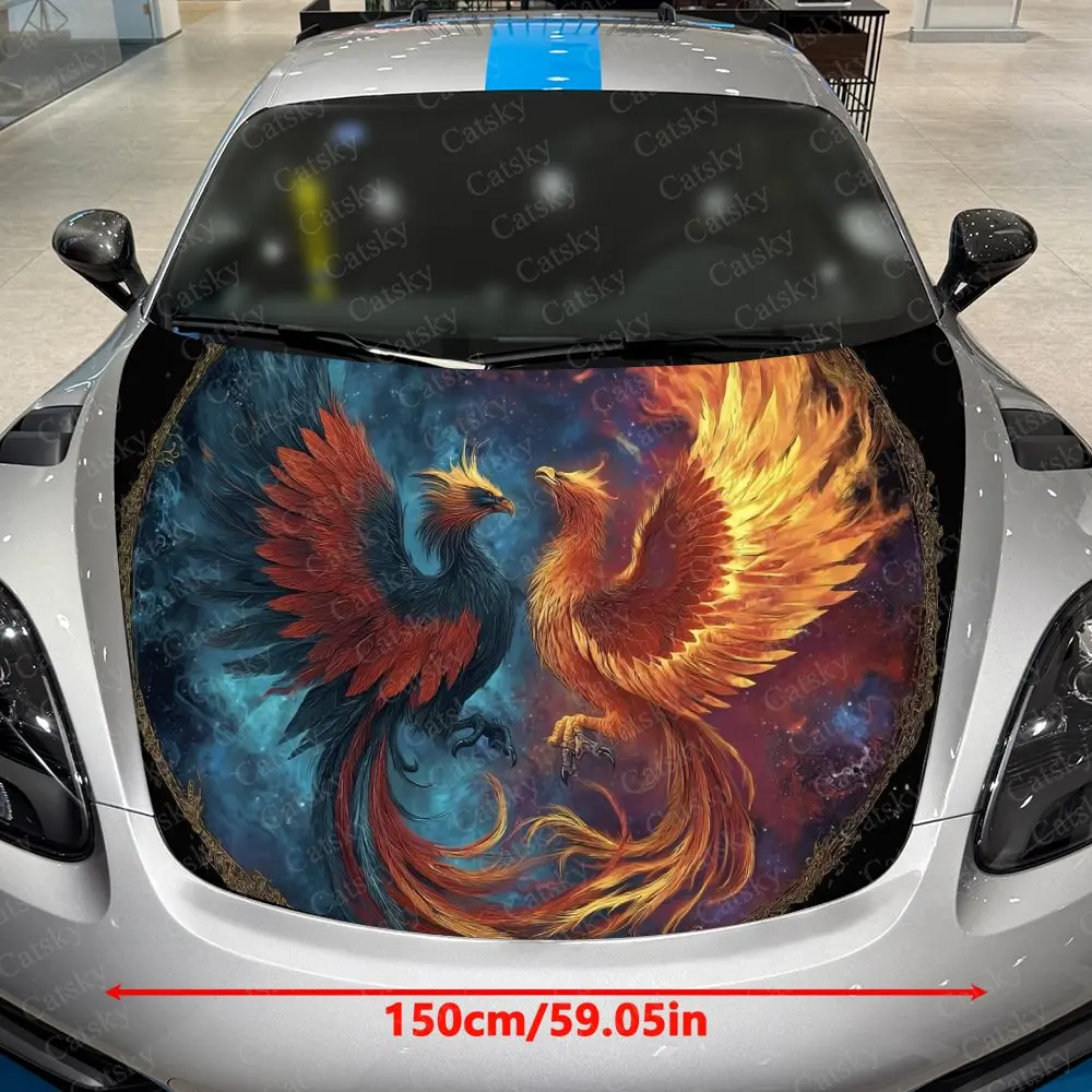 Dramatic Twin Phoenix Car Hood Decorative Stickers. It Enhances The Aesthetic Of The Vehicle And Can Be Easily Applied To Metal
