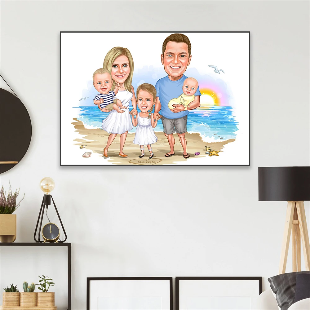 Custom Family Cartoon Portrait Poster Personalized Family Portrait Prints Gift For Family Caricature From Photo Bedroom Decor