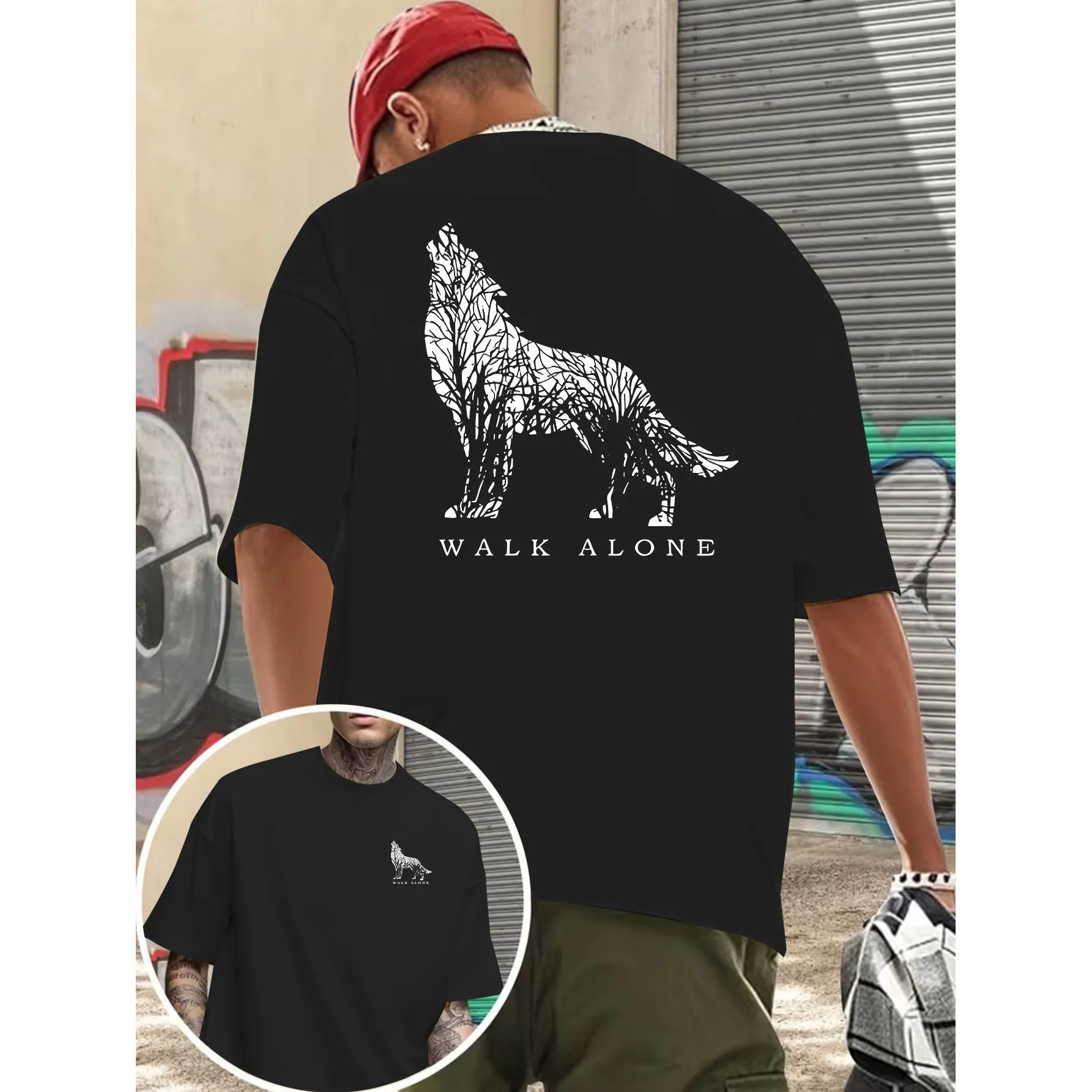 Howling Wolf Double Exposure Graphic Tee Breathable Men's Casual Cotton T-Shirt Trip Wear