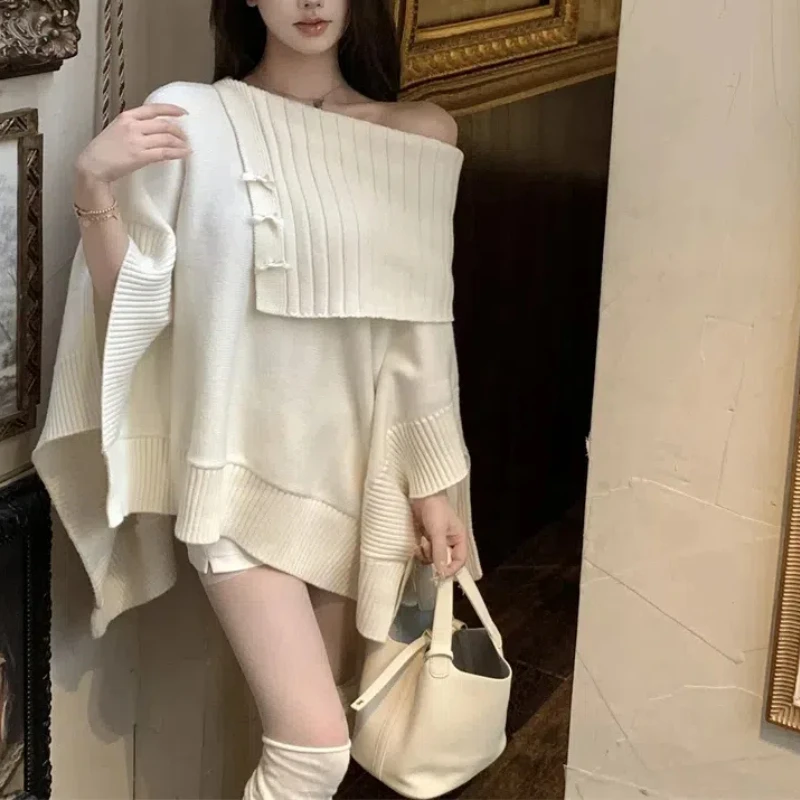 Lazy Style Loose Design Sense Cloak Sweater Autumn Winter New High-end Feeling Irregular Soft Comfortable Commute Top Ladies