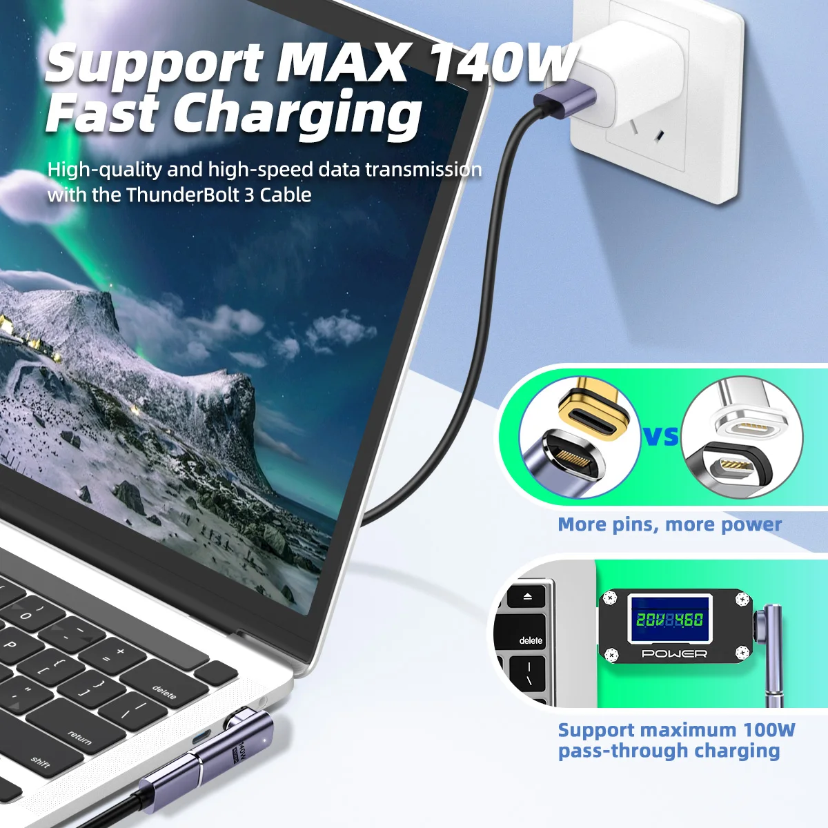 Thunderbolt3 마그네틱 USB C 타입 어댑터, 고속 충전 자석 충전 컨버터 케이블, USB-C 어댑터, 140W, 40Gbps, 8K @ 60Hz, USB4.0