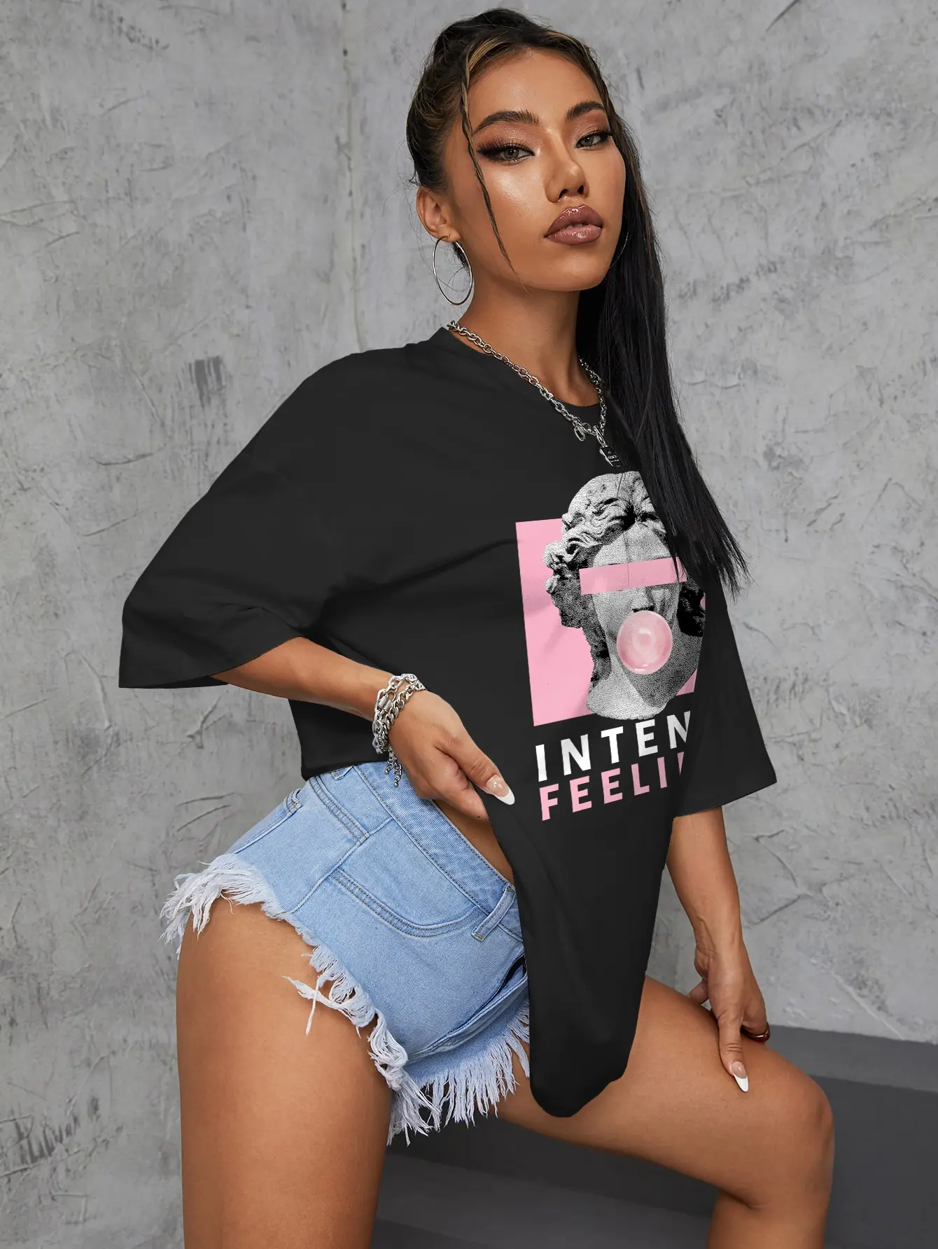 INTENSE FEELINGS Street Hip Hop Female T-Shirts Loose Oversize Short Sleeve 100% Cotton Soft Tops Summer Breathable Tee Clothing