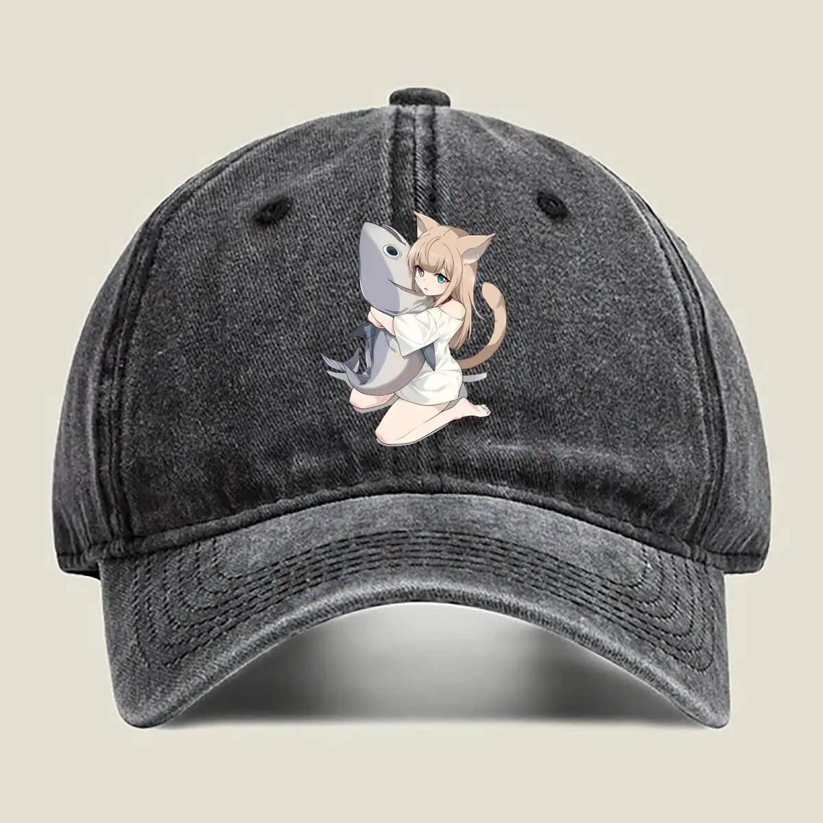 

Cat Girl & Shark - Cute Art Washed Baseball Cap