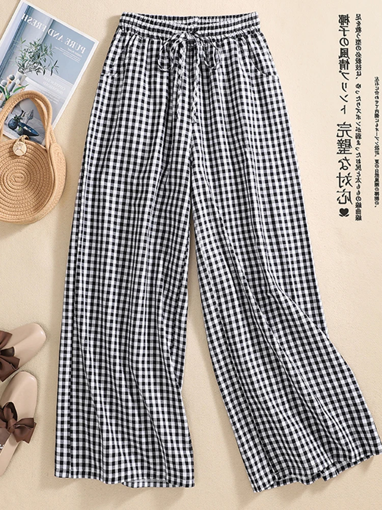 

High Waist Wide Leg Pants Belted Plaid Linen Casual Slimming Long Trousers for plus Size Women Autumn New Sle Commute Faion
