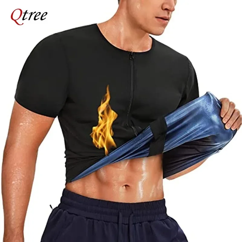 Qtree Sweat Sauna Suits Men Polymer Zipper Short Sleeve Tops Waist Trainer Heat Trapping Compression Body Shaper Slimming Corset