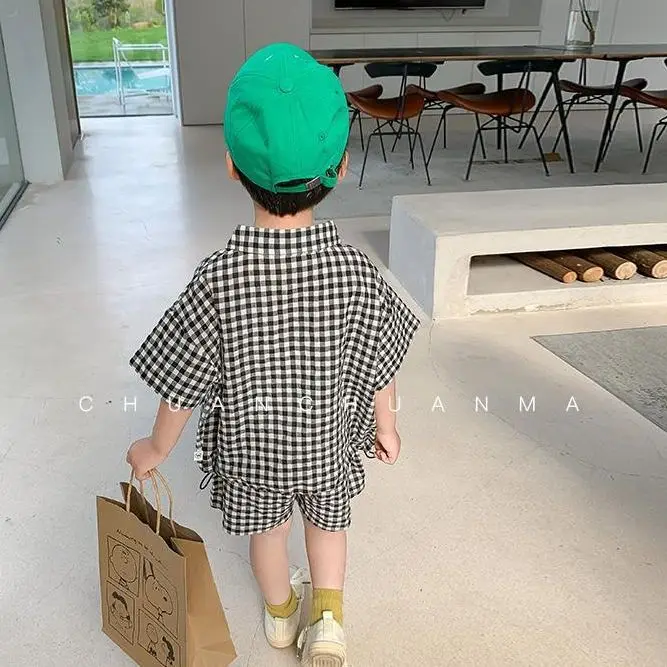 Children Clothing Boys Spring Summer Suit 2023 Short Sleeve Plaid Shirt and Shorts Handsome Cool Handsome Casual Two Piece Sets