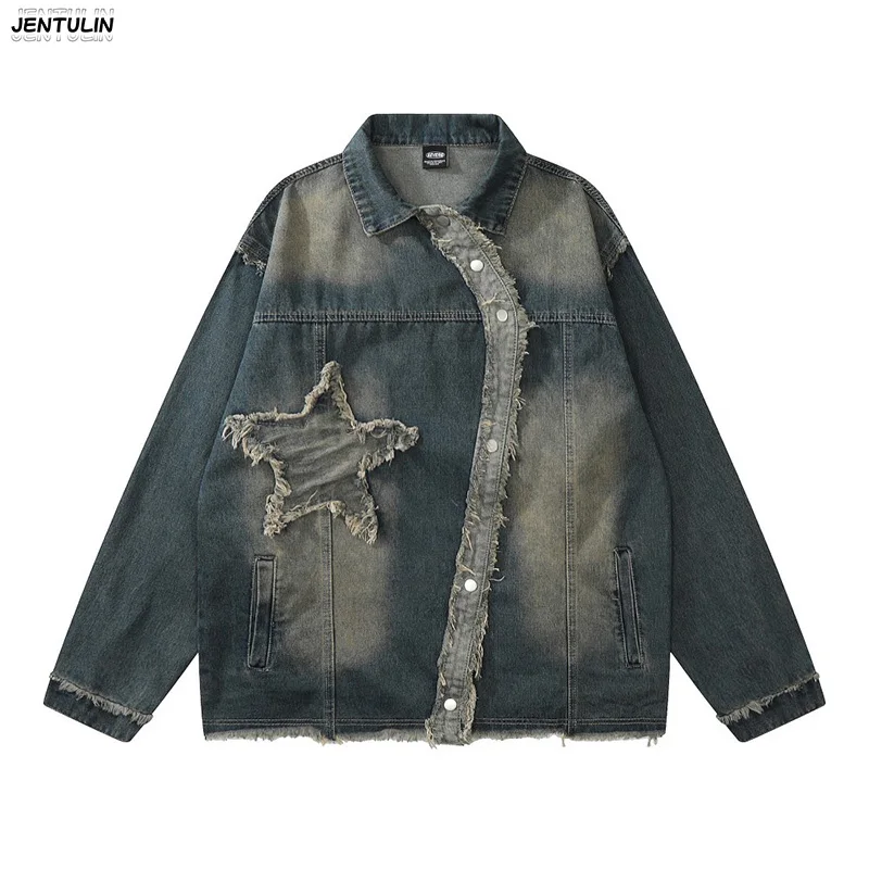 

Новая американская ретро-куртка из денима с эффектом потертости, с бахромой и пятиконечной звездой, для мужчин и женщин, модный бренд High Street Fashion, свободного кроя, с перфорацией