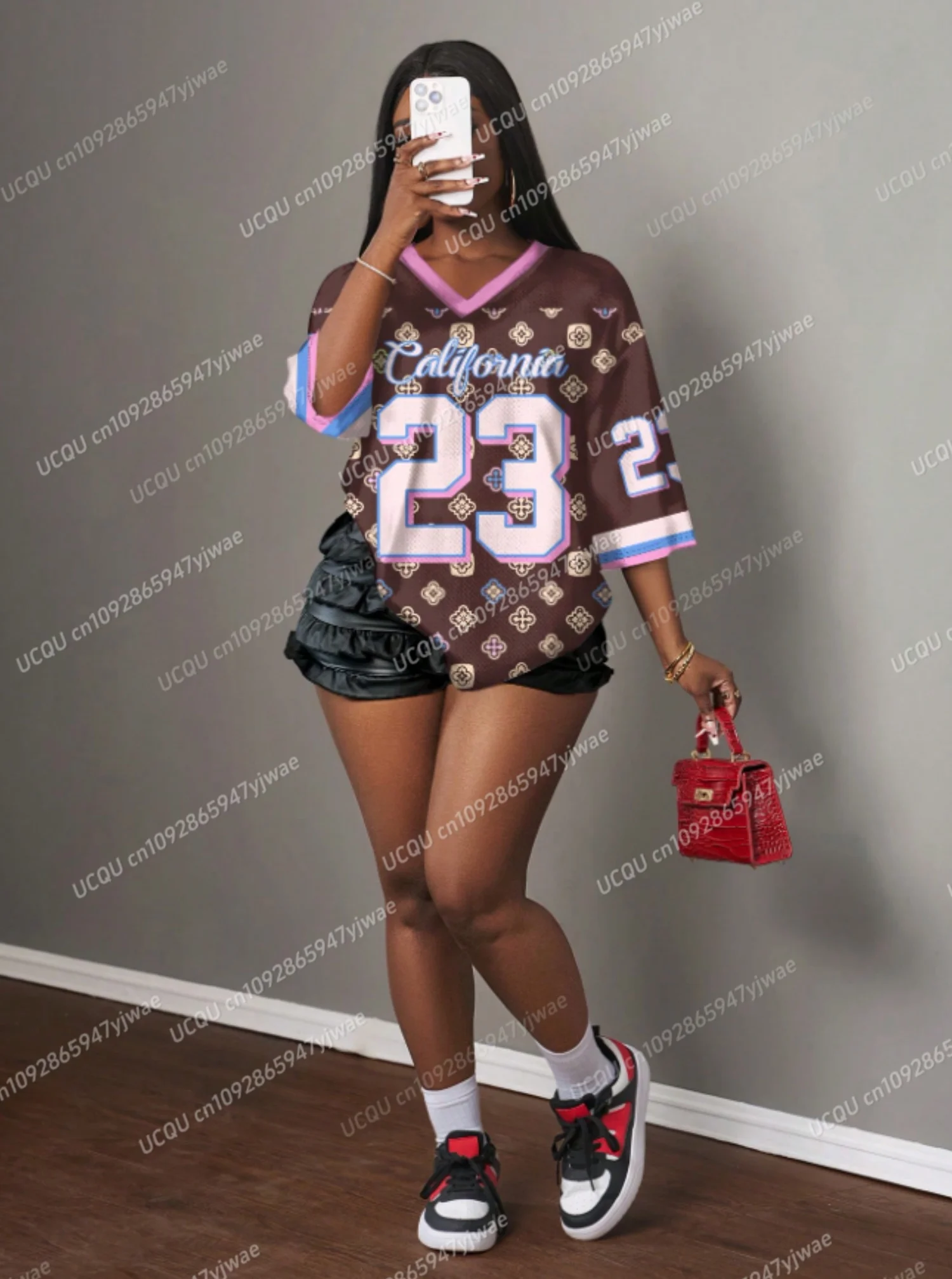 Summer California 23 print T Shirt For Women Mesh fabric Striped V-Neck Tee Summer  Harajuku Trend Short Sleeve Streetwear Tops