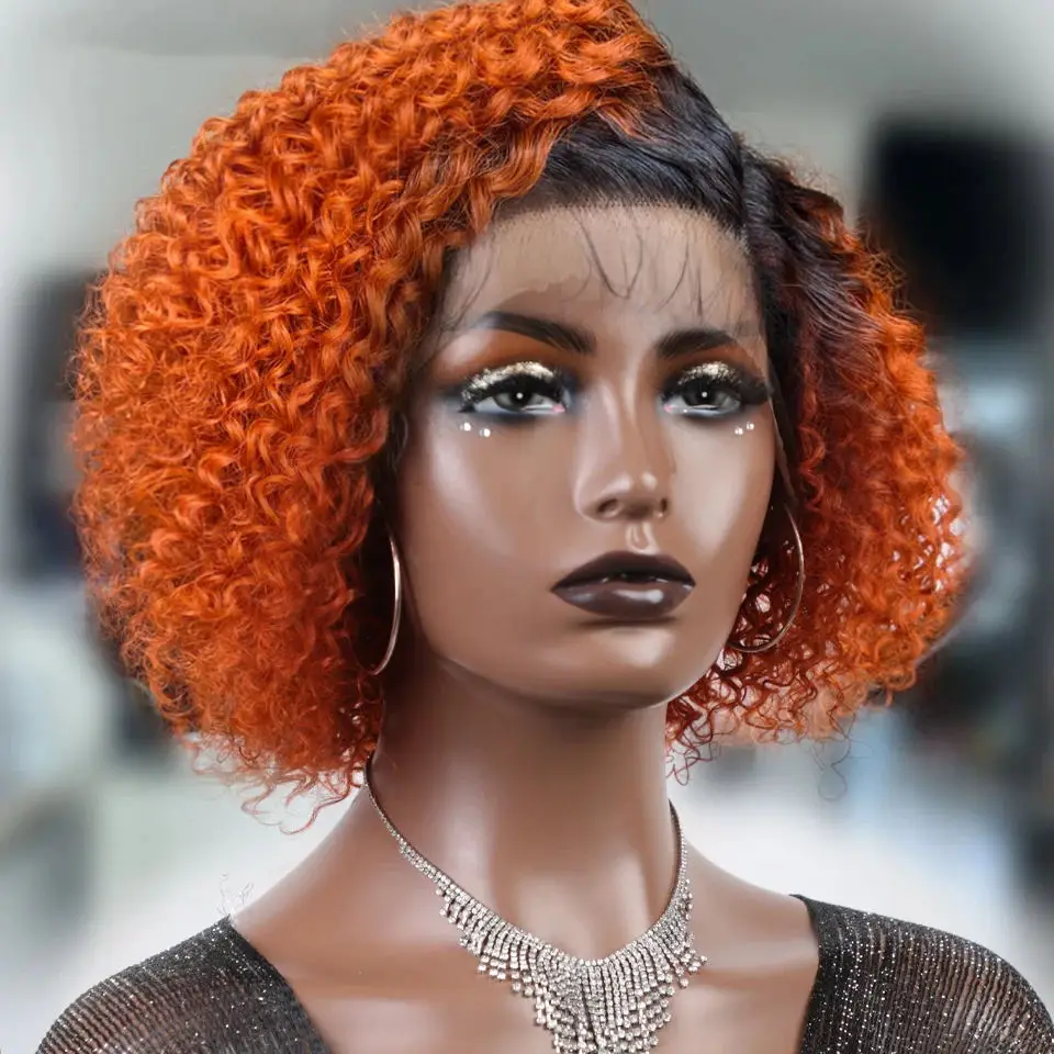 Orange Brown Deep Curly Bob Lace Front Wig Human Hair Wig With Baby Hair Short Pixie Curly Bob Wig Glueless Lace Wigs For Women