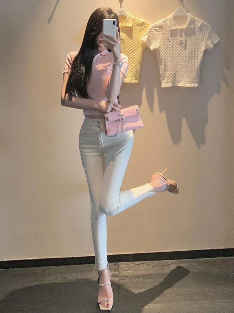

High Waist White Denim Jeans Women's Slimming Elastic Split Nine Point Slim Fit Pencil Pants Cotton Stretch Denim Skinnies