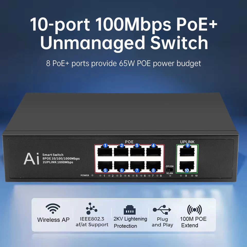 POE Switch 10 Ports 1000Mbps 8+2 Port Gigabit High Fast RJ45 Smart Switch IEEE 802.3 AT/AF Internet Splitter for Wifi Router