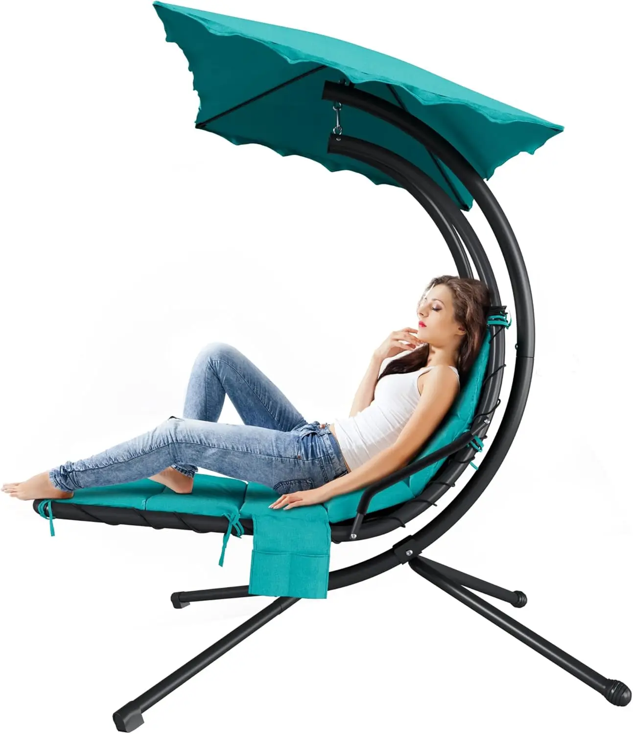 

Chaise Lounger Swing Chair with Umbrella Canopy, Patio Hanging Chair with Stand, Steel Outdoor Lounge for Patio Pool Garden