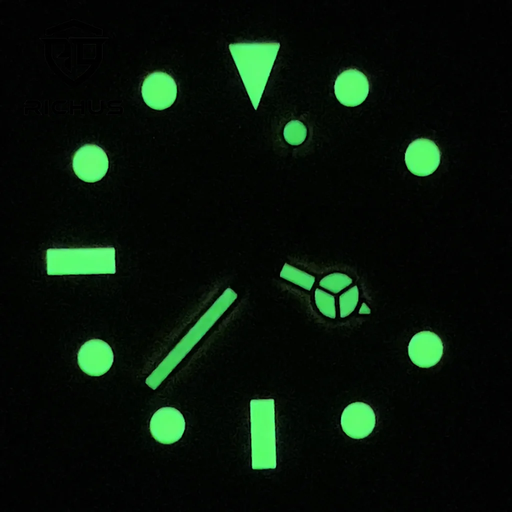 Esfera de reloj RICHUS de 28,5mm con manecillas de reloj, ajuste luminoso verde, movimiento NH34 NH35 NH36