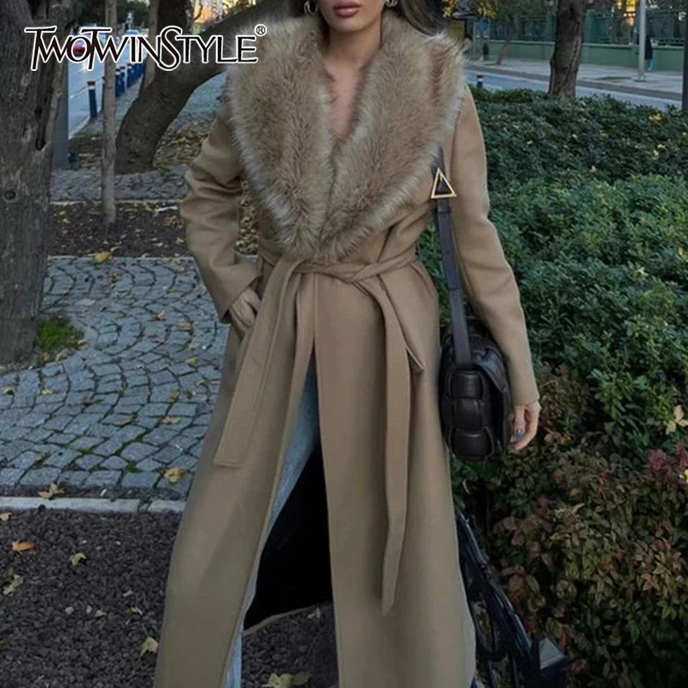 

TWOTWINSTYLE базовые лоскутные пальто на шнуровке для женщин, куртка миди с длинными рукавами и лацканами из искусственного меха, женская зимняя куртка