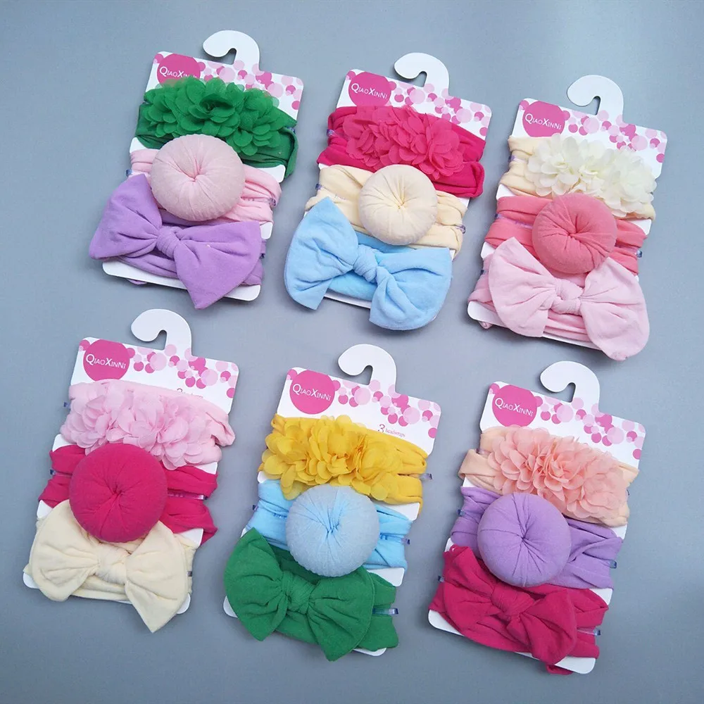 3pcs/set Elastic Chiffon Flower Headbands For Baby Girls Hair Accessories Baby Girls Bows Nylon Solid Color Turban Hair Band