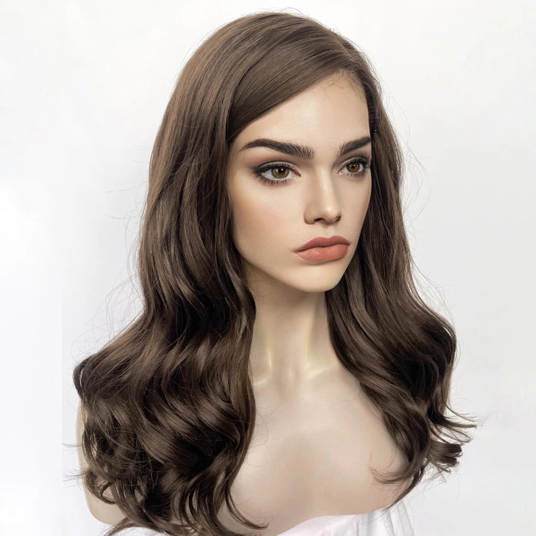 Side Part Cool Brown 20Inch Long Water Wave 13x4 Transparent Lace Front Synthetic Hair Wigs for Women Glueless Dark Brown Wigs