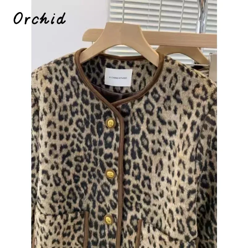 2024 Winter Female Vintage Single Breasted O-Neck Loose Jacket For Women Office Lady Fashion Luxury Leopard Print Short Coat image 4