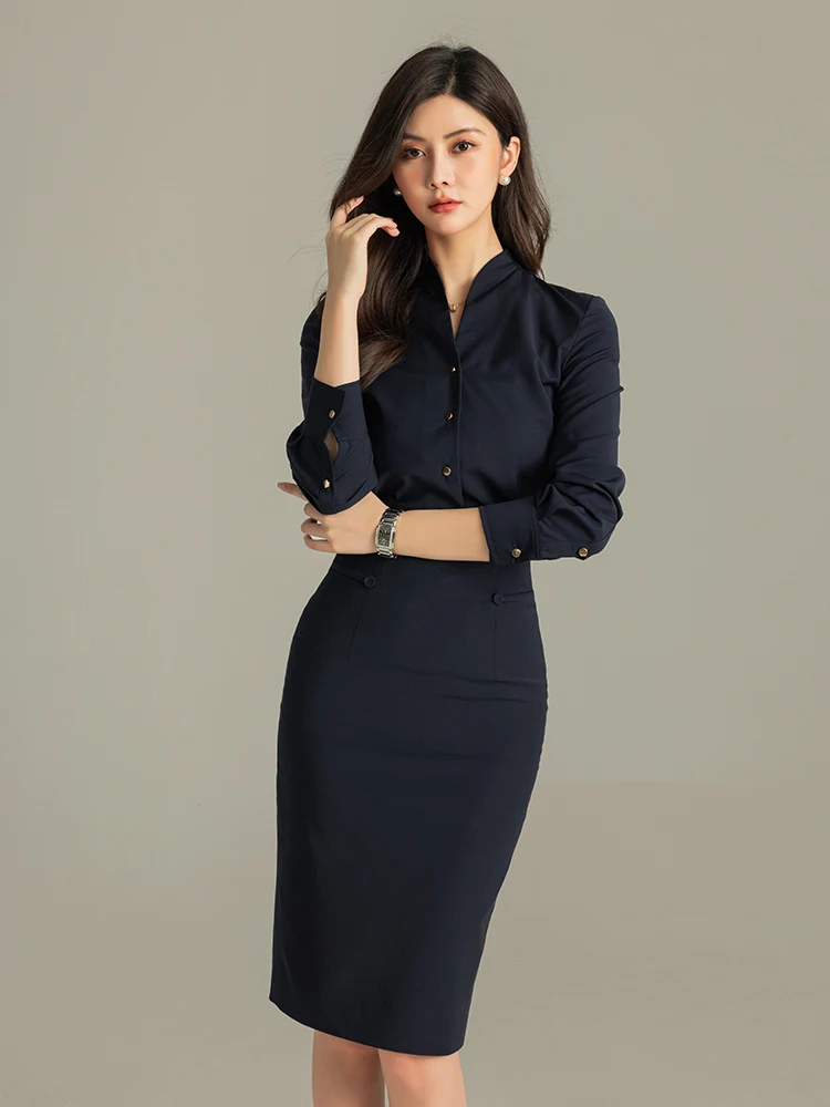 

Ele Long Sve Women's irt Night Blue Slim Fit Button up OL Sle Commute Faion Polyester Blend V Ne irt