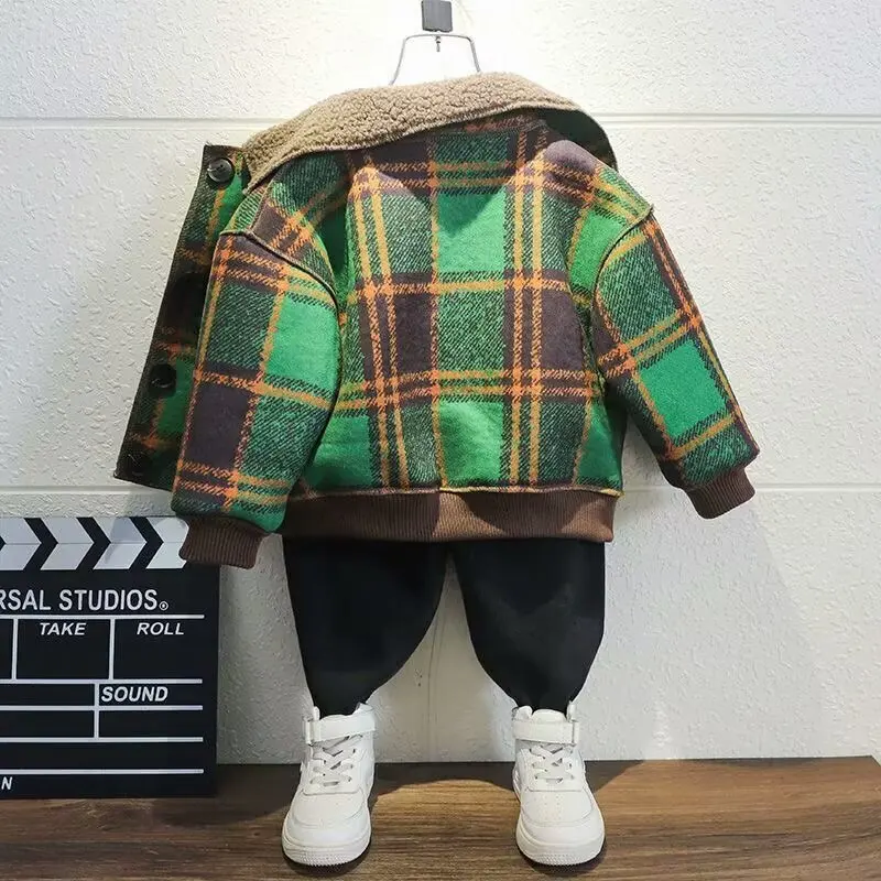 Autumn Winter Baby Boys Thickened Plush Jacket plaid Coats Baseball Clothes Child Fashion Warm Fleece Cotton Clothes Outerwear