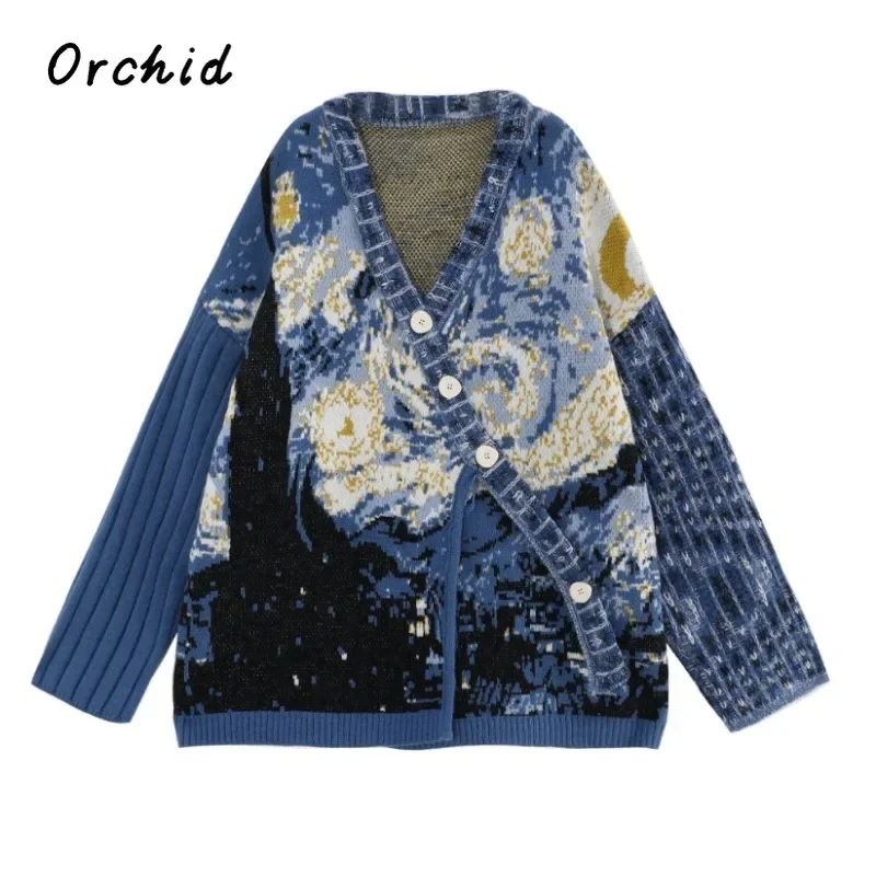 2023 Autumn Winter Fashion Vintage V-neck Van Gogh Starry Sky Hand-painted Pattern Sweater Women Loose Warm Chic Knitted Top