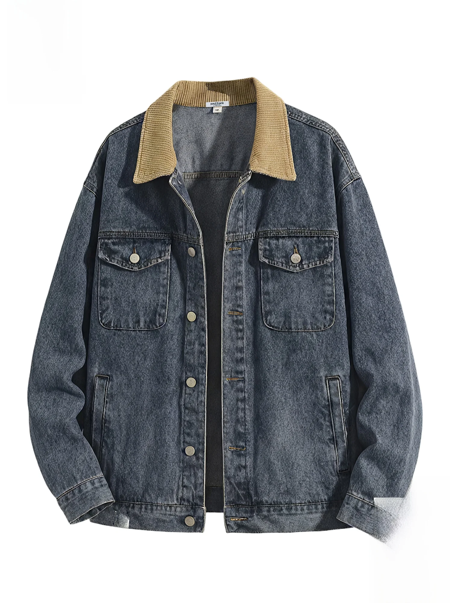 

PaulFrank Casual Plaid Denim Jaet for Men Spring 2026 Zipper ket Splicing Wear Resistant Long Sve Youth Faion